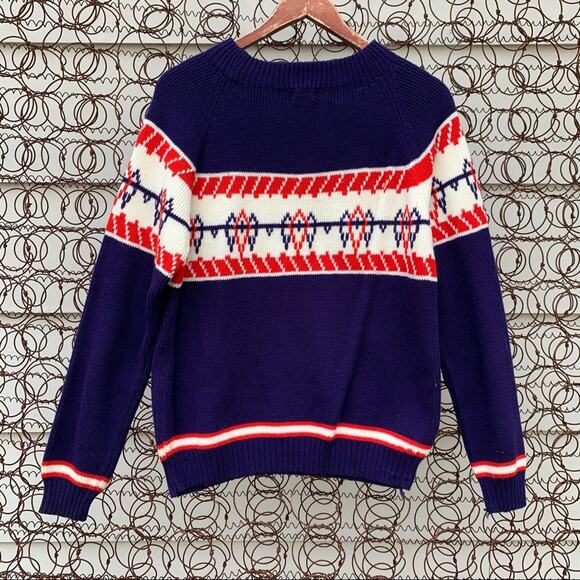 Vintage Montgomery Ward knit stripe fair isle blue red ski nordic sweater - Picture 4 of 6